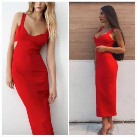ZARA Blogger Favorite Red Cutout Strappy Bodycon Midi Dress XS NWT Valentines - Picture 8 of 16